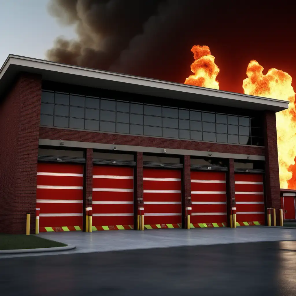 Erstelle mir ein Bild von einer Feuerwehrstation. Man ist in der Garage neben vielen feuerwehrautos und einer glänzenden Stange zum Runterrutschen