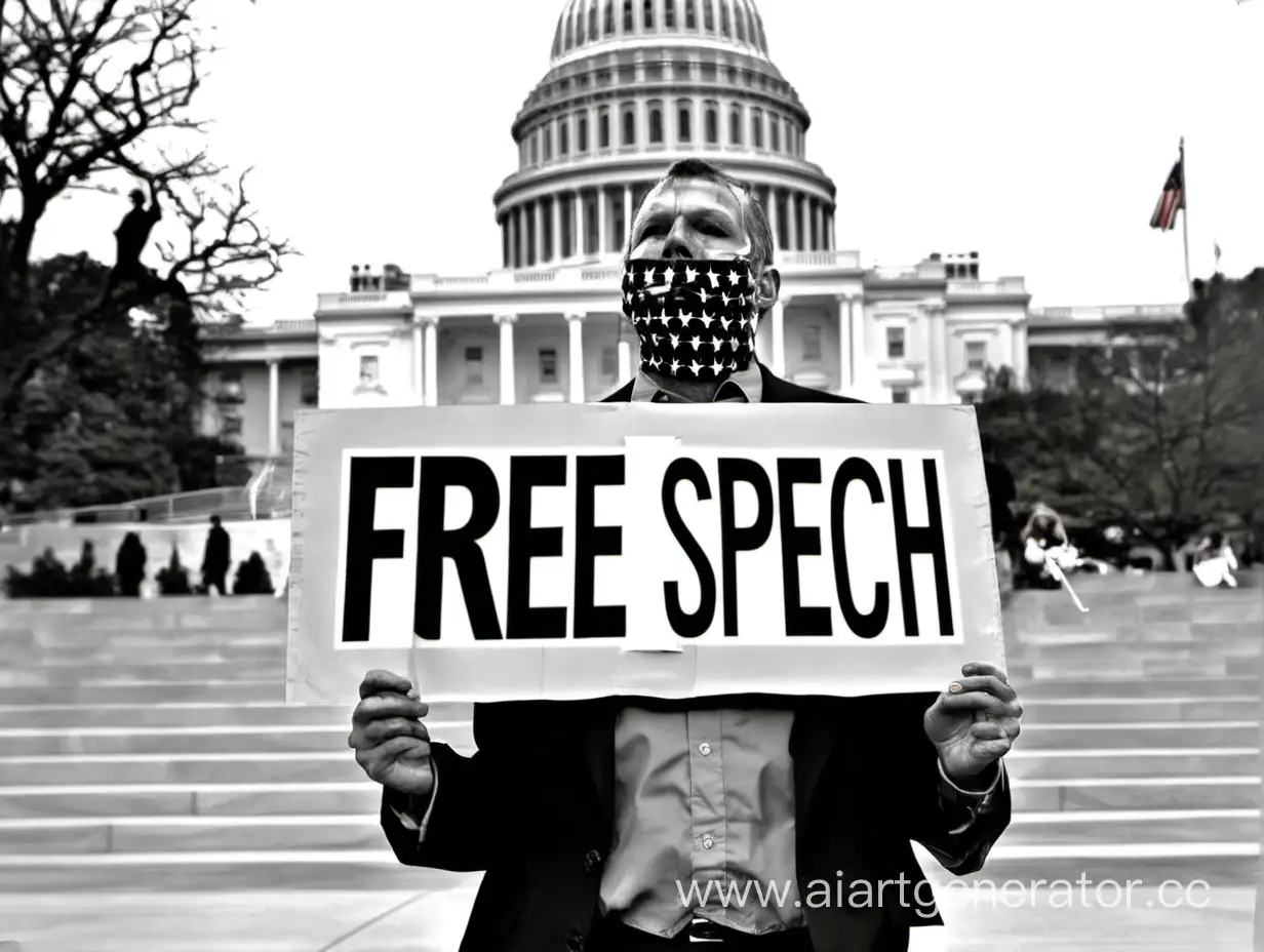 A man with duct tape over his mount, holding a sign that says "free speech" and standing in front of the US capitol building