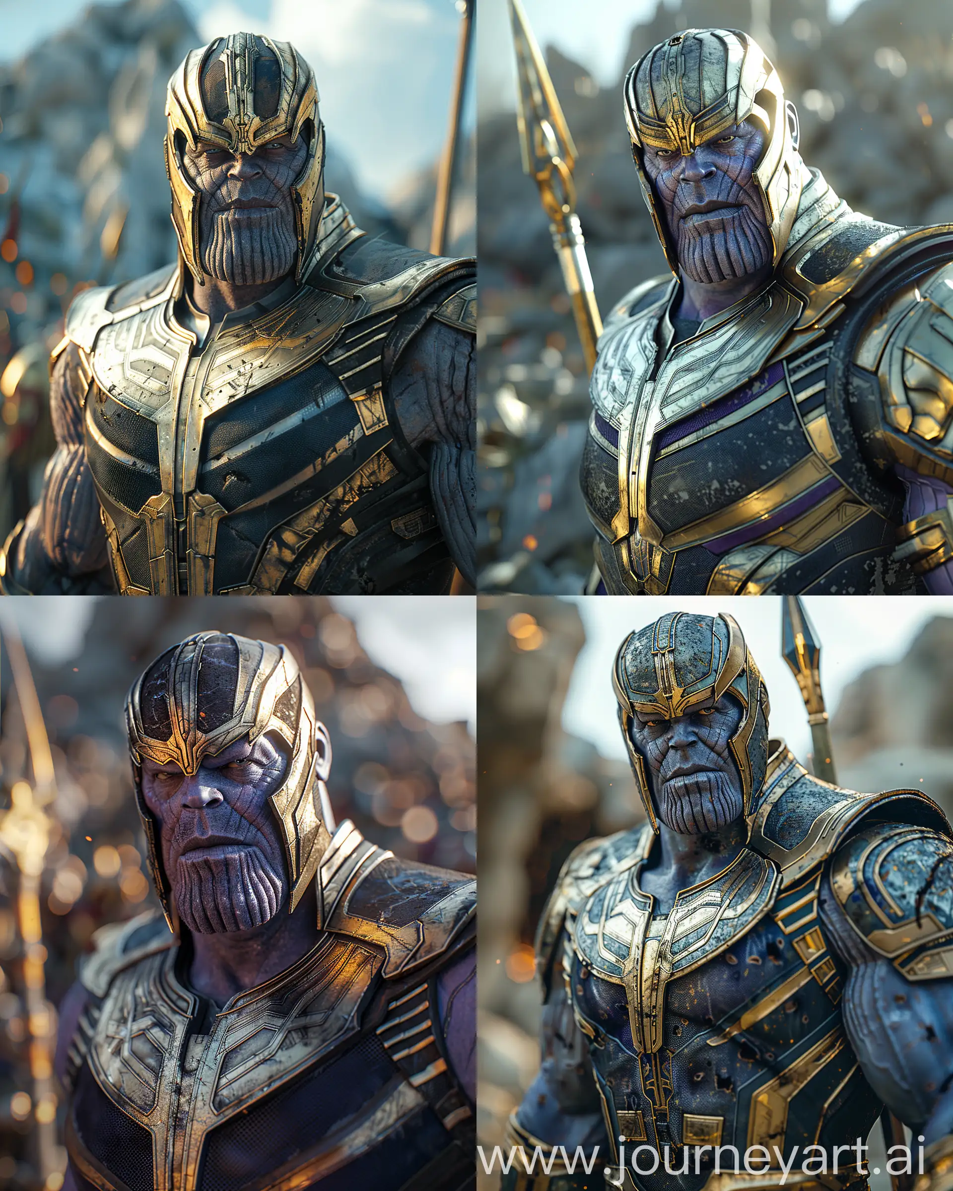 Real full body photo low angle of Thanos as Male spartan warrior in a battle ground, facing camera, finely detailed helm, armor, spear and shield, intricate design and details, ultra detailed, highest detail quality, ultra realistic, photography lighting, overcast reflection mapping, photorealistic, cinemeatic, movie quality rendering, octane rendering, focused, 8k, depth of field, real shadow, vfx post production, rtx ray tracing lighting, 32k UHD HDR hyperrealistic sharp crispy details, hyperrealism --ar 4:5 --v 6.0 --style raw --stylize 750