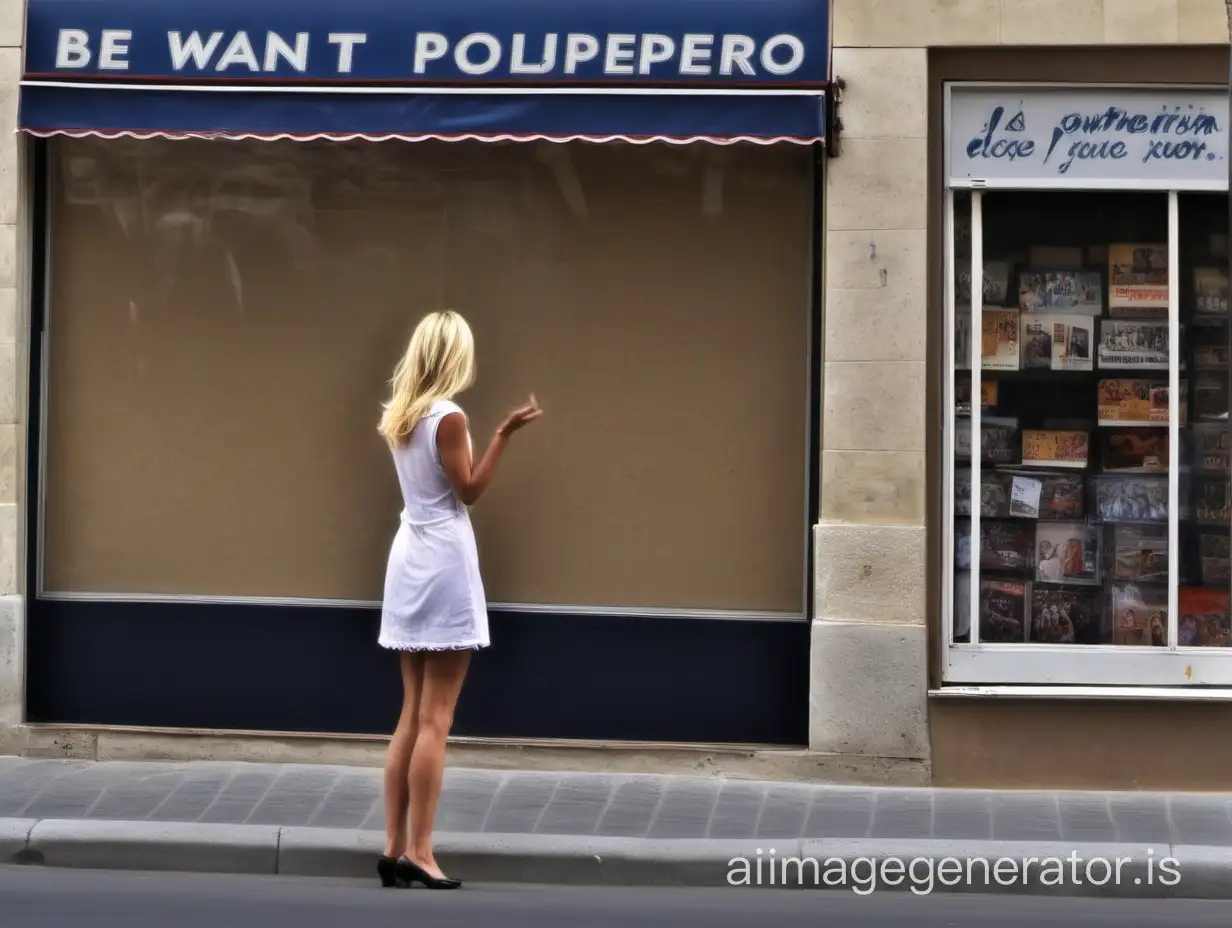 I want the photo of a blonde woman stopping to see an empty store window on a street in France, and the photo must be realistic