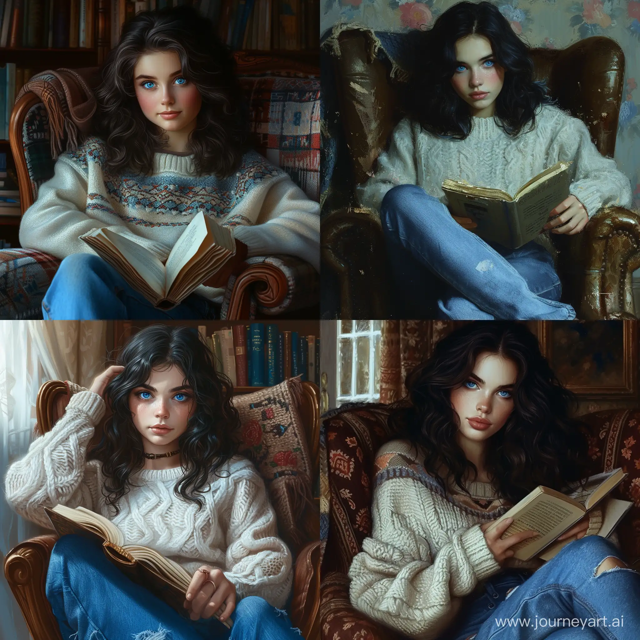 Beautiful girl, dark hair, blue eyes, snow-white skin, teenager, 14 years old, sitting in an armchair with a book, in a sweater and jeans, in the style of the 1980s, high quality, high detail, realistic art