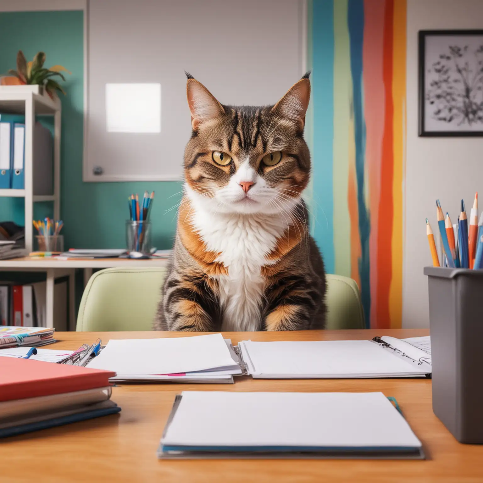 Create a picture of an angry-looking cat sitting in a colorful office.