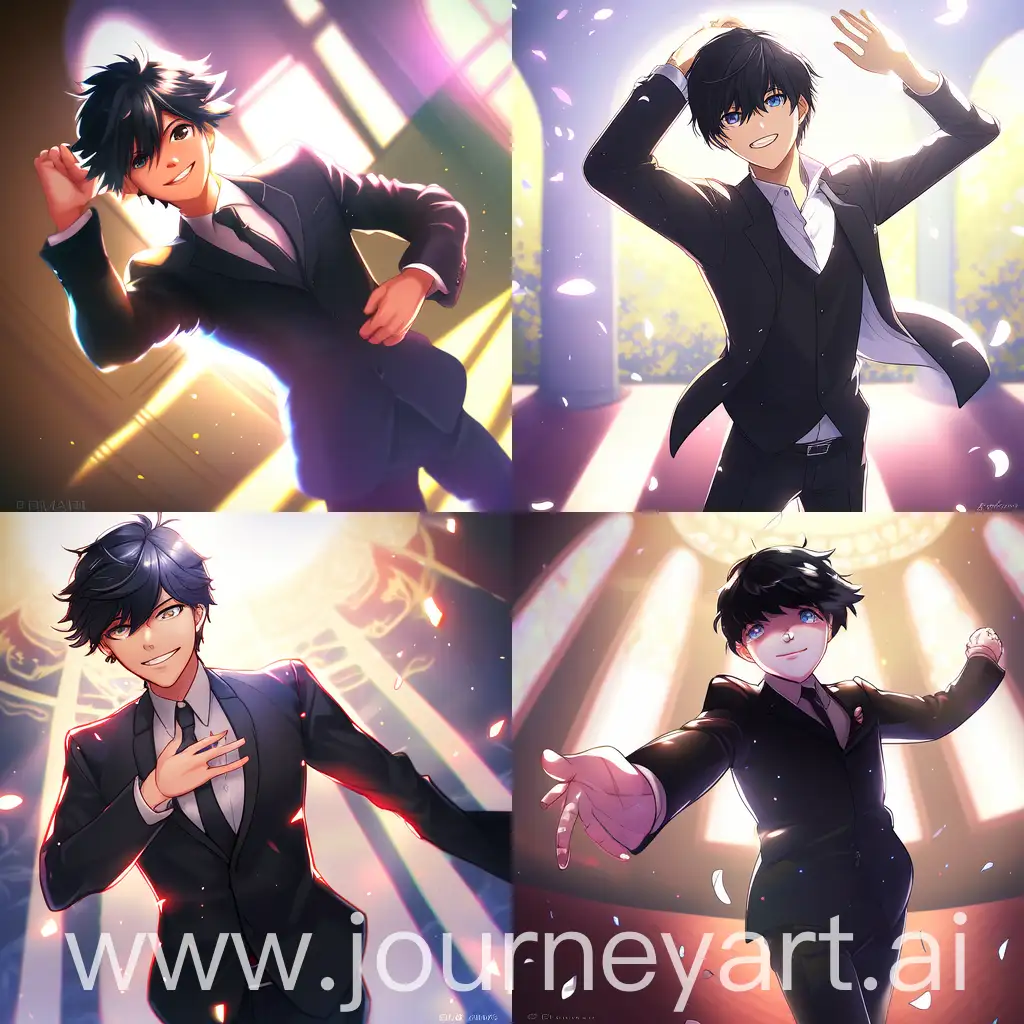 masterpiece of a teenage boy in black suit and black hair smiling at viewer, hands in pocket, sunny, waving, daytime, detailed lighting, in the style of visual kei, studio ghibli, anime