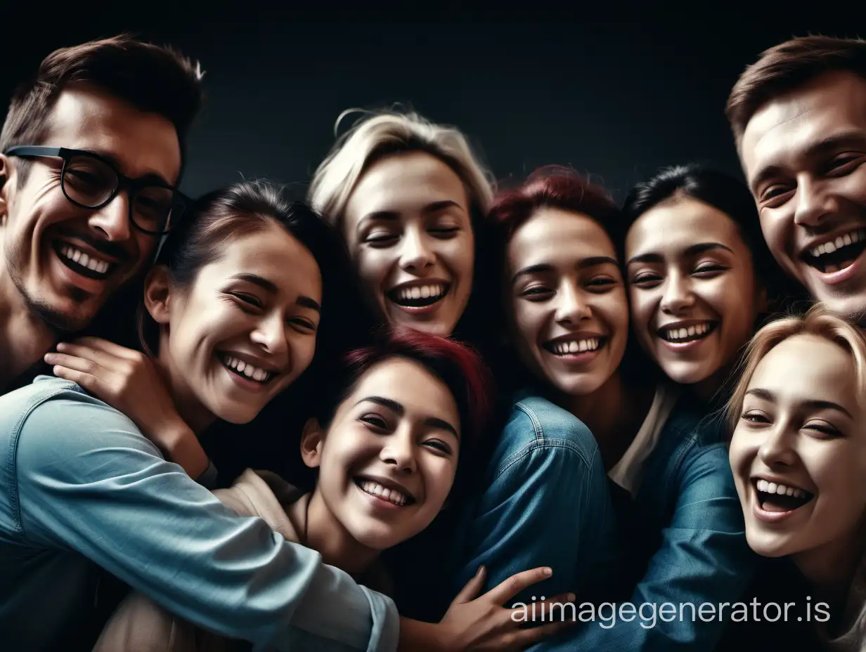 A group of people from different countries together and happy, hugging and smiling, cinematic style, realistic photo
