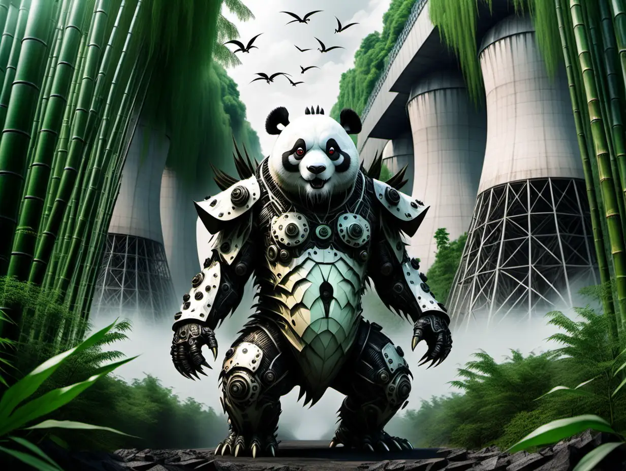 Epic Dark Fantasy Kaiju Panda Dragon Hybrid Unleashed in Nuclear Power Plant Amidst Bamboo Forest