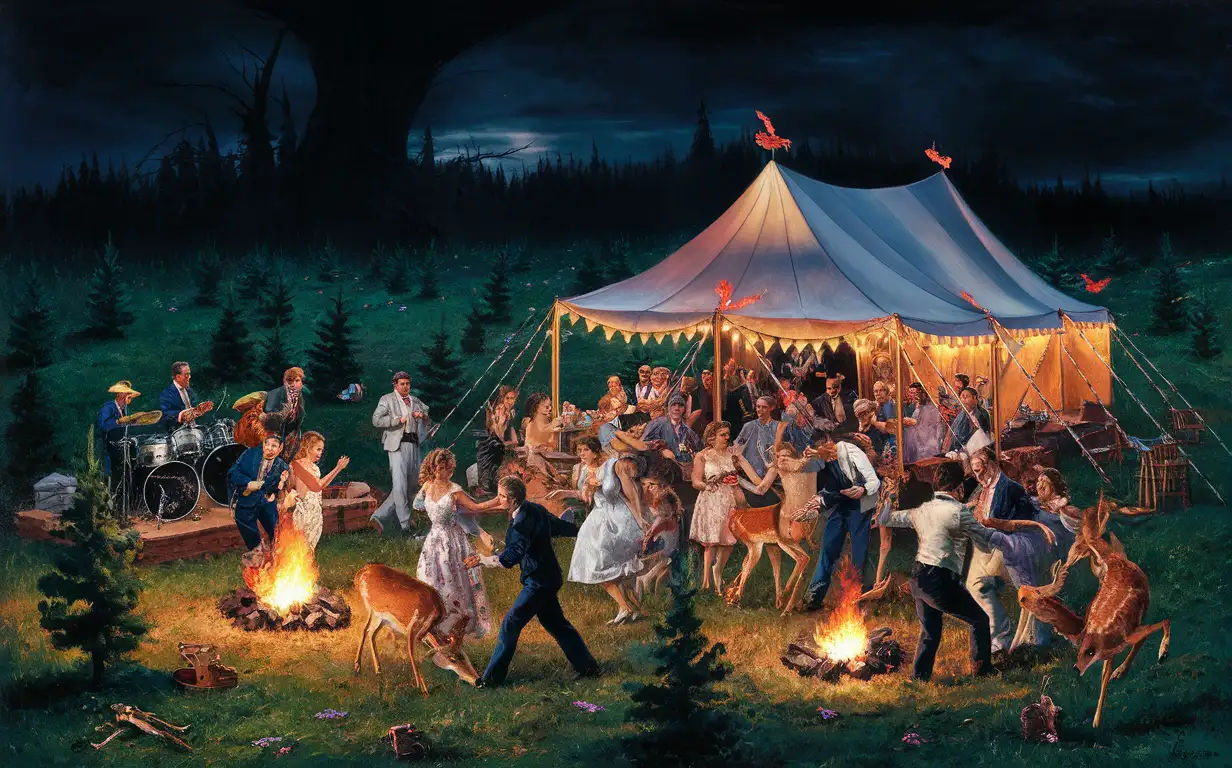 Twilight Meadow Party with Deer and Bonfire Celebration