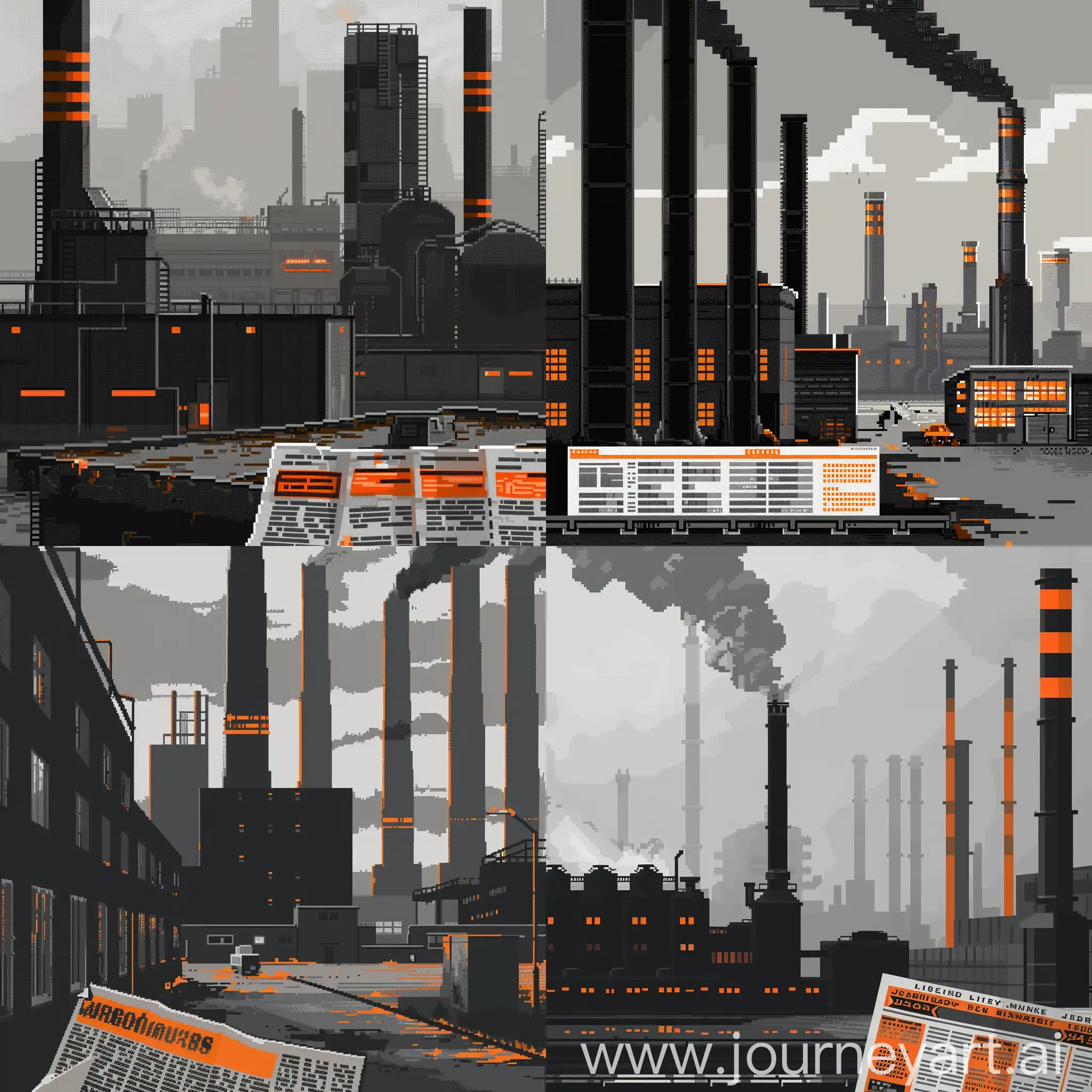 Пиксель арт, чёрные оранживые белые и серые цвета, чёрно-оранжевая фабрика вдалеке а впереди газета с оранжевыми заголовками, серый фон