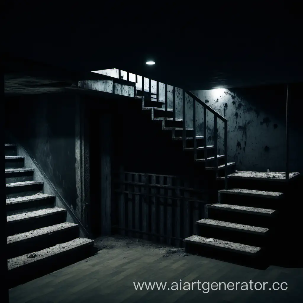 Темная подвальная комната атмосферы фильма ужасов. Лестница сбоку. Продолжение комнаты. Высокое качество
