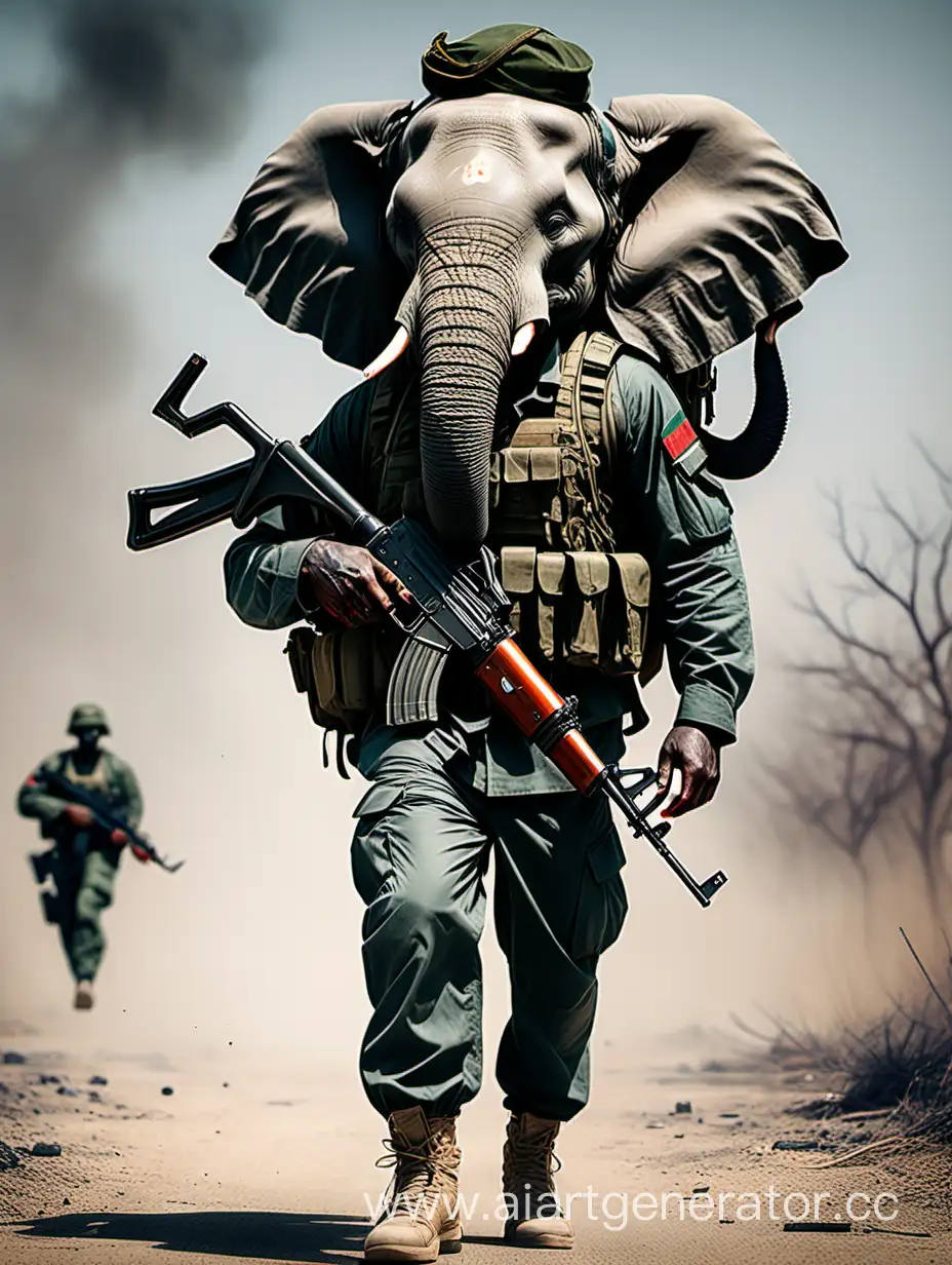 человек с головой слона в разгрузке с автоматом калашникова едет на войну