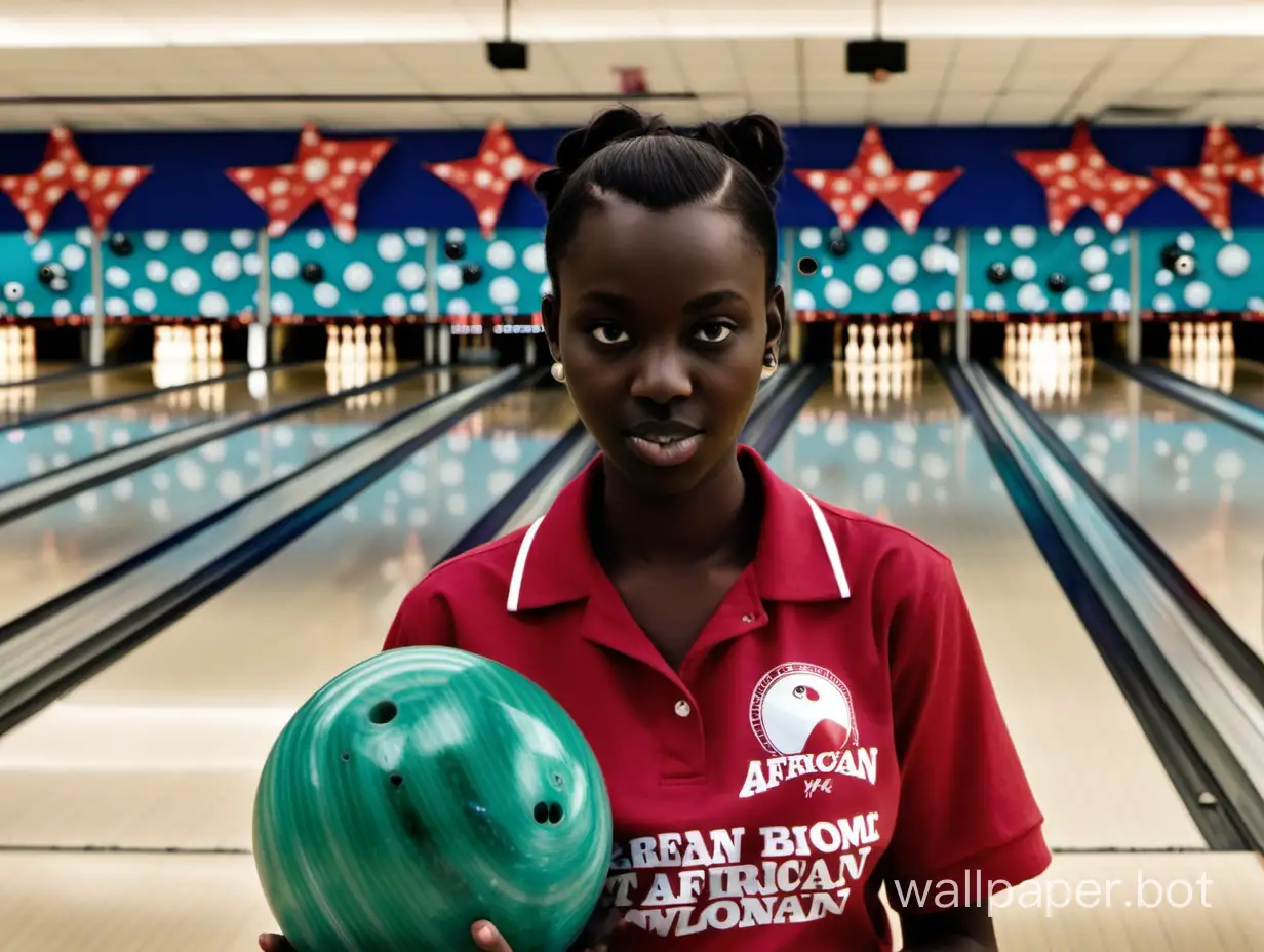In the background are bowling alley lanes. In the foreground holding a bowling ball and wearing a team shirt is a young African woman.