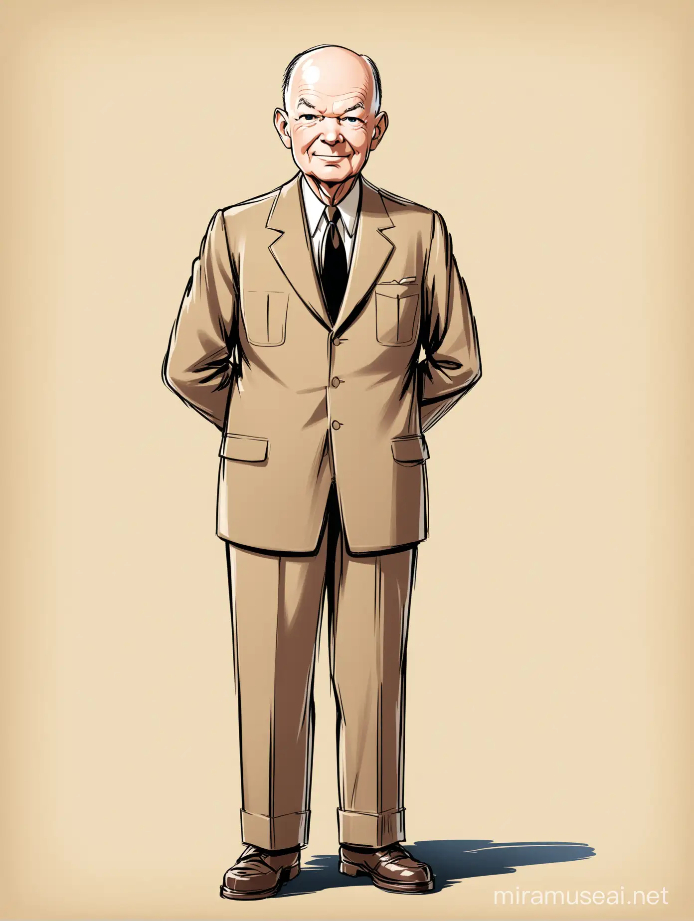 Dwight D. Eisenhower posing for a photo, standing position, full body, cartoon drawing