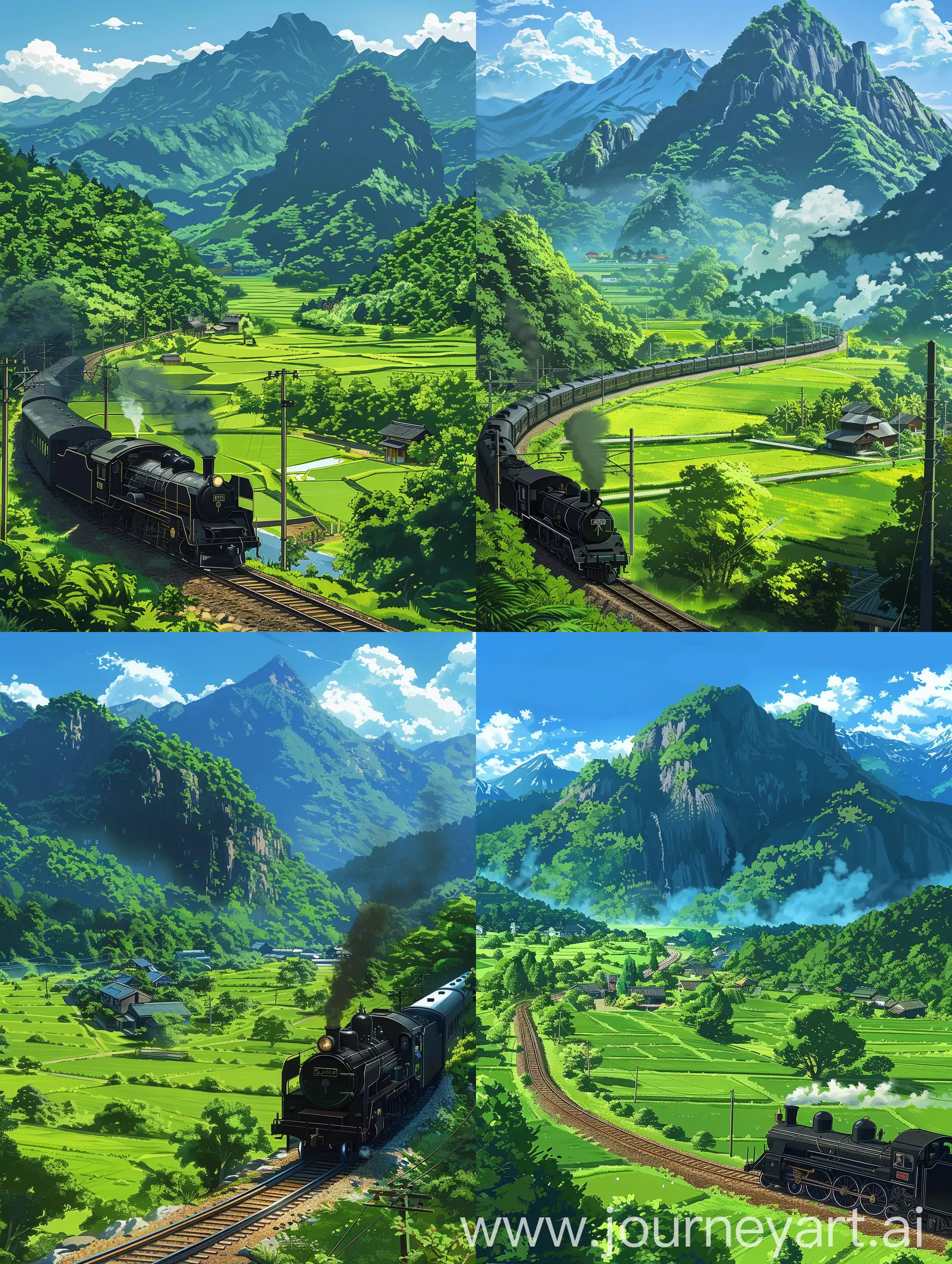 Beautiful anime style scenery,inspired by demon slayer anime style,a picturesque landscape with  greenery, a train moving along tracks, and mountains in the background. The style appears animated or painted, showcasing vibrant colors and a serene environment:

In the foreground, a black steam train is prominently displayed, moving along tracks that cut through a green field. Nearby, there are small structures, possibly houses or buildings. As we move toward the middle ground, lush green fields and trees spread out toward the base of large mountains. The background features towering mountains covered with greenery under a clear blue sky with a few clouds. Overall, the image evokes a peaceful and idyllic vibe. 🌿🚂🏔️

