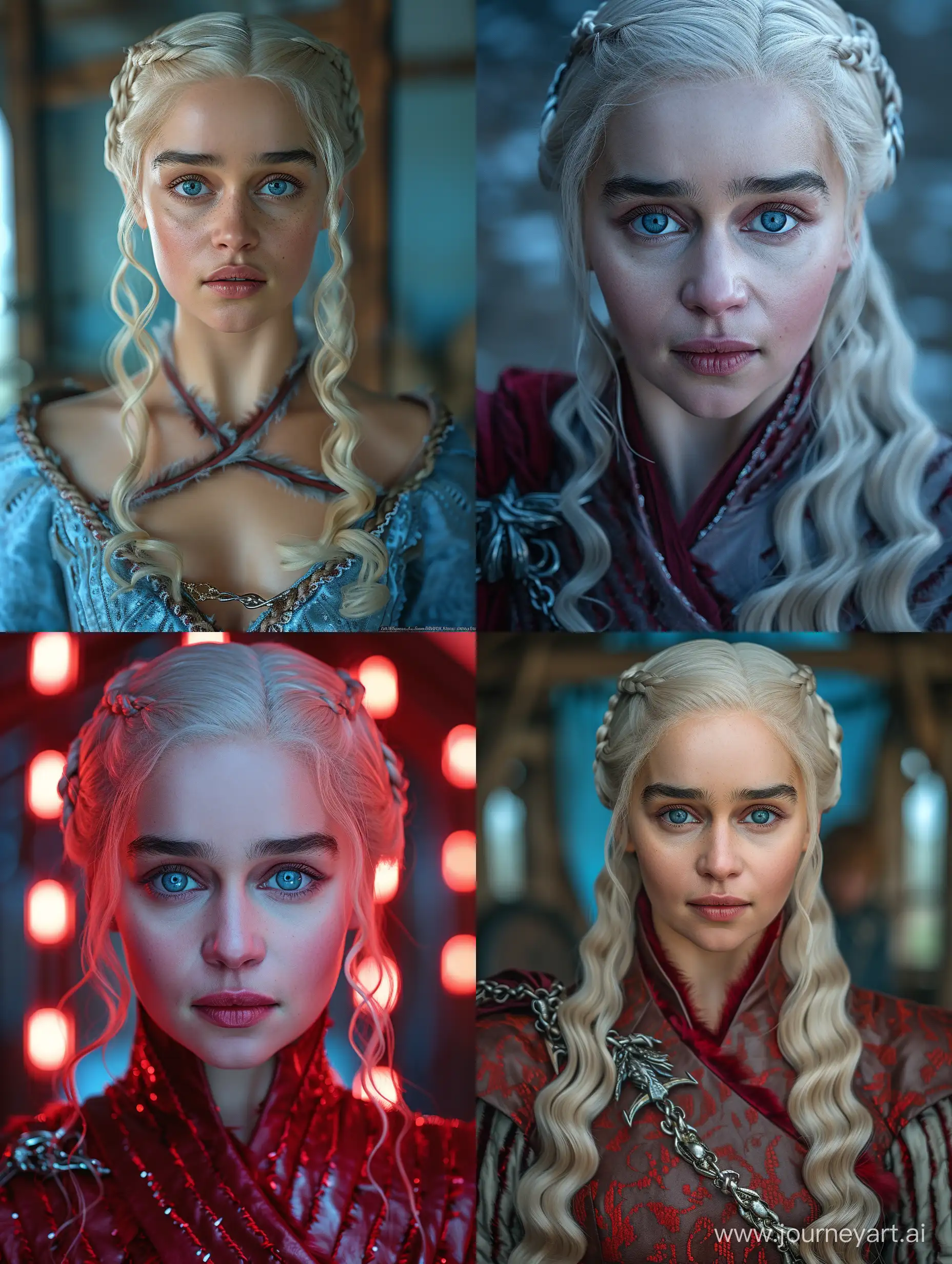 Very very extreme absurde fantastic Daenerys Targaryen  :: Game of throne ,extreme closeup with fisheye ,dynamic camera angle dramatic blue light neon effect ,colorful ,fashion shoot ,highly detailed --ar 3:4 --style raw --stylize 500 --v 6