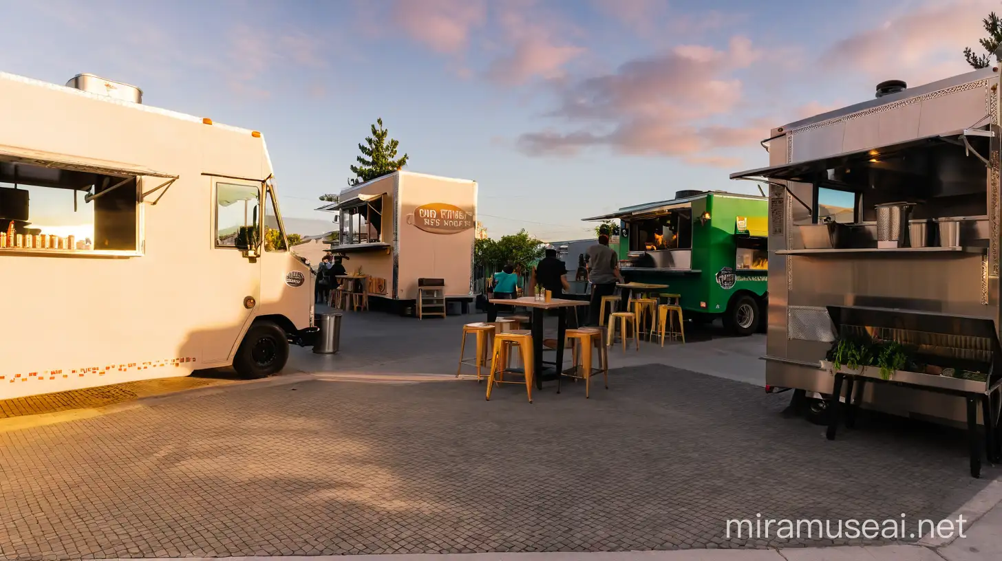 food truck zone that has people order food, sit and chill, sunset at 6 pm. and the ambient light slowly fade away and replace with food truck's warmlight, near the food truck there is garbage can and tree pots.