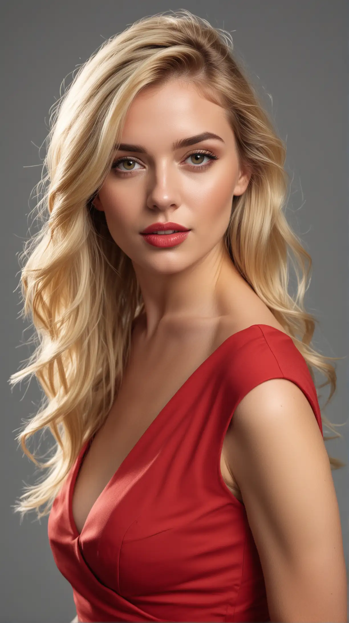 Elegant Woman in Red Dress Against Monochrome Backdrop 4K Ultra HD Portrait