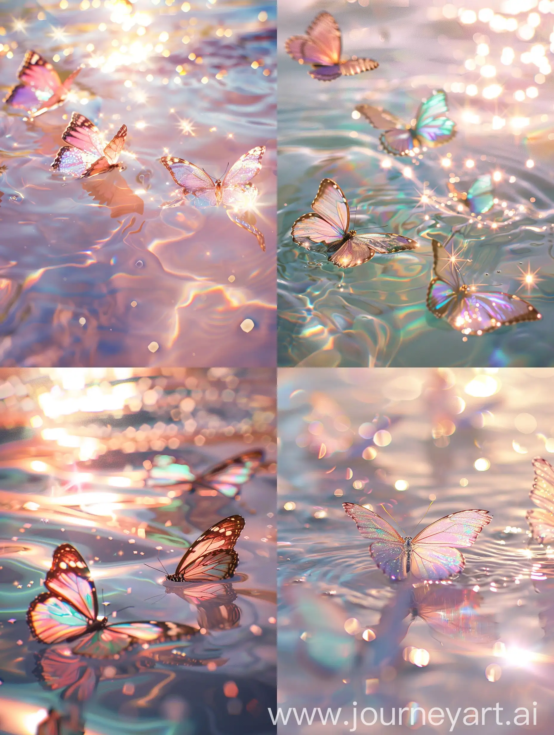 流水，浅粉色，cinetic photo of some Butterflies on the surface of the water，sparkles,iridescent colors,stylize750，阳光照在水面，光泽感