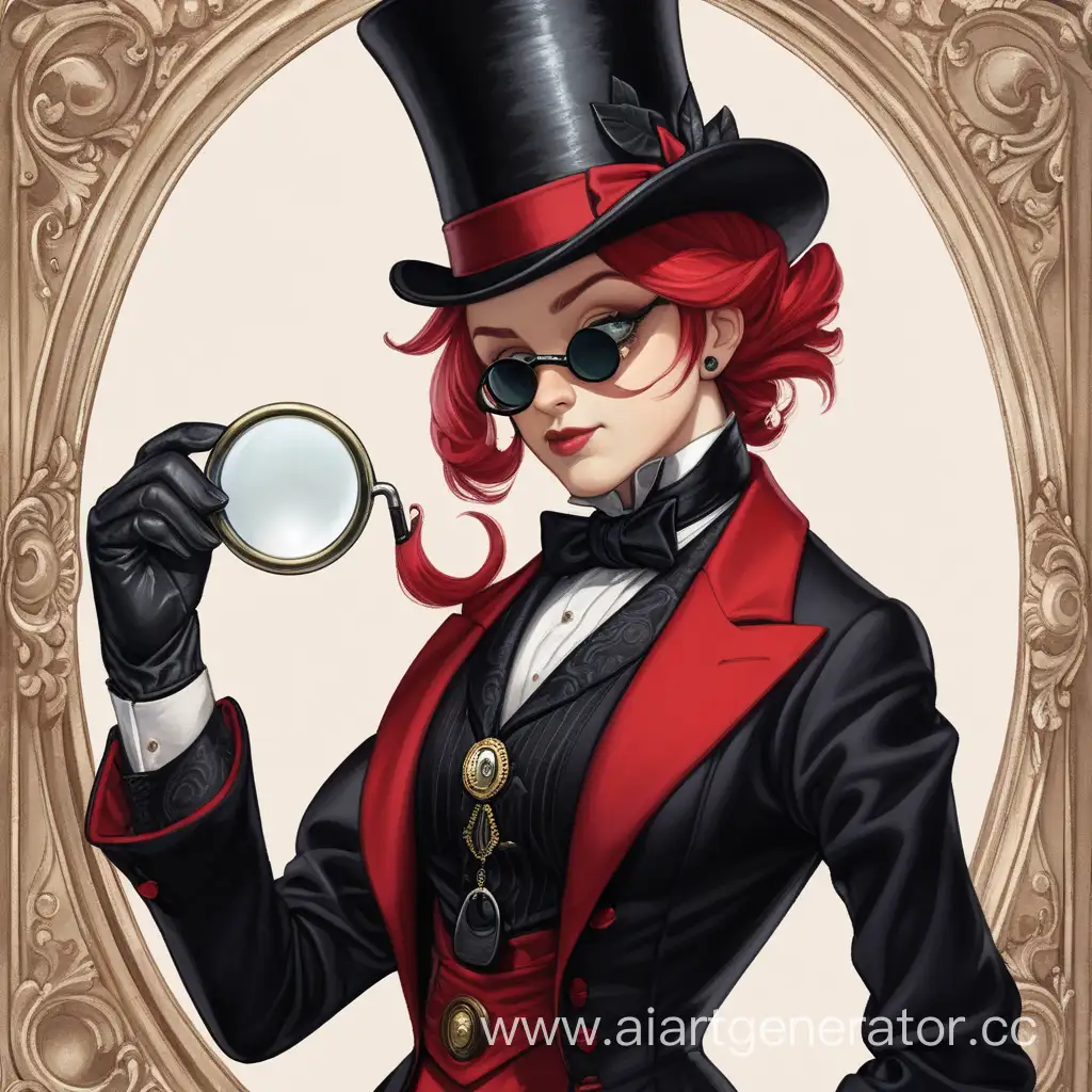 Elegant-Woman-in-Black-and-Scarlet-Attire-with-Monocle-and-Top-Hat