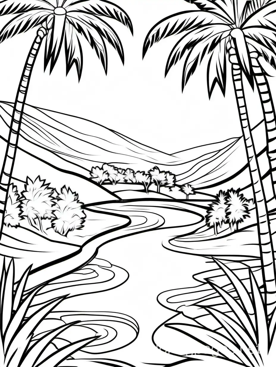 plantation of palm tree with river passing through , Coloring Page, black and white, line art, white background, Simplicity, Ample White Space. The background of the coloring page is plain white to make it easy for young children to color within the lines. The outlines of all the subjects are easy to distinguish, making it simple for kids to color without too much difficulty, Coloring Page, black and white, line art, white background, Simplicity, Ample White Space. The background of the coloring page is plain white to make it easy for young children to color within the lines. The outlines of all the subjects are easy to distinguish, making it simple for kids to color without too much difficulty
