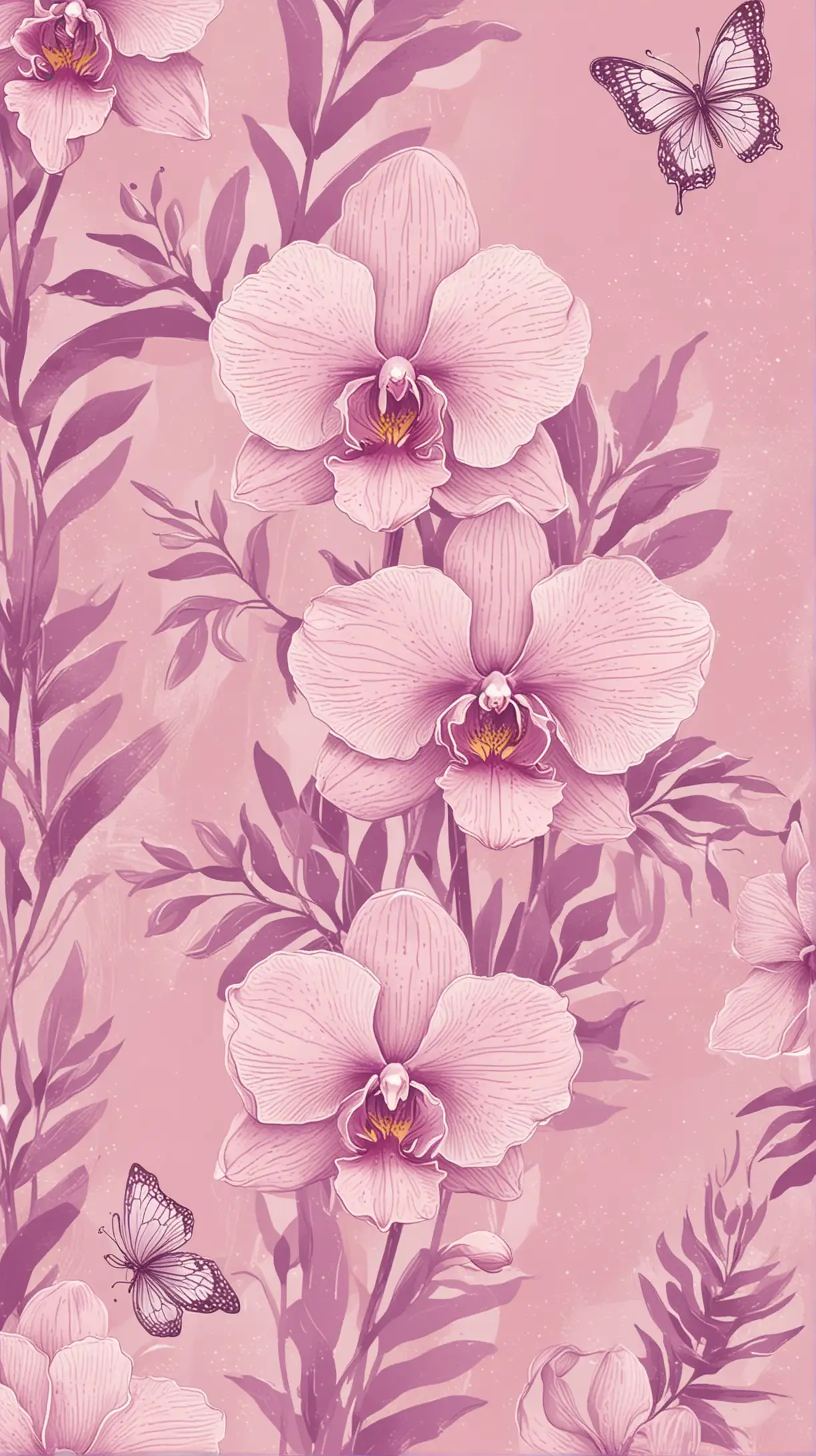 https://s.mj.run/vUKbLOTBGAQ A seamless pattern with a digital illustration of orchid, butterfly and leaves in pastel purple hues, their forms intertwined on an isolated pink background. The design incorporates the soft pinks and purples of lilac, creating a dreamy atmosphere that evokes tranquility and nature's beauty. Digital art meets vector printmaking, focusing on clean lines and geometric shapes for visual harmony. Soft lighting enhances the serene mood of the composition. T-shirt design graphic, vector contour in the style of minimal editing. --ar 59:88 --stylize 750 --iw 2