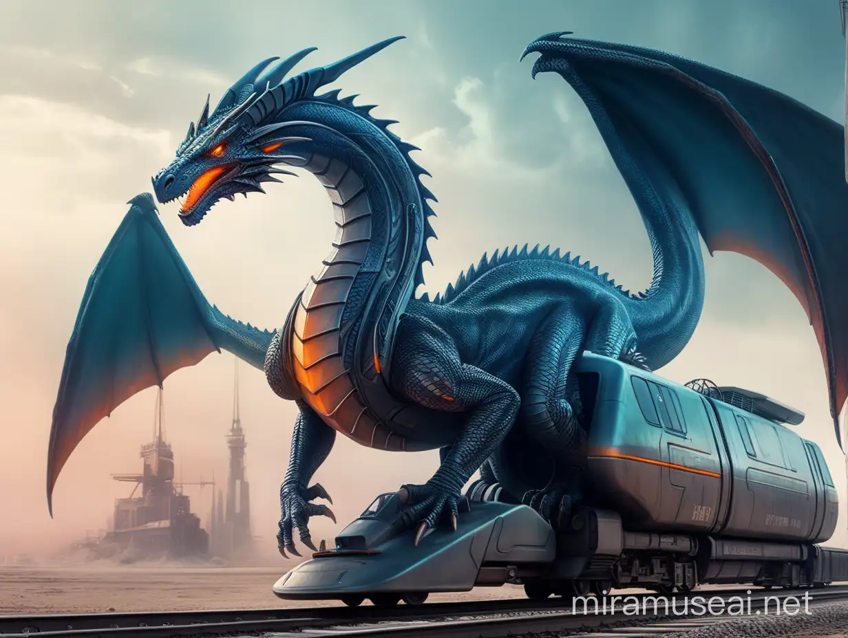 a dragon with a long tail on top of a short futuristic short small powerfull train. Logo, futuristic, blade runner 2049 style