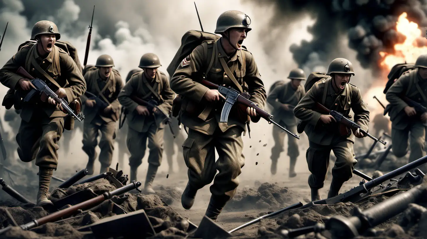 Generate a 8K hyperrealistic image depicting soldiers fighting in the First World War, with Unreal Engine v5 rendering capturing the intensity and chaos of the battlefield. Ensure the 3D rendering is highly detailed, showcasing the soldier's courageous leadership, the rugged terrain, and the grim realities of war. Utilize HDR lighting to enhance the dramatic lighting effects, with photorealistic textures conveying the authenticity of the military uniforms and equipment. Incorporate high-resolution elements of weaponry, explosions, and battlefield debris to immerse viewers in the harrowing experience of combat. The image should evoke a sense of heroism and sacrifice as it portrays soldiers' fearless dedication to duty amidst the turmoil of war.