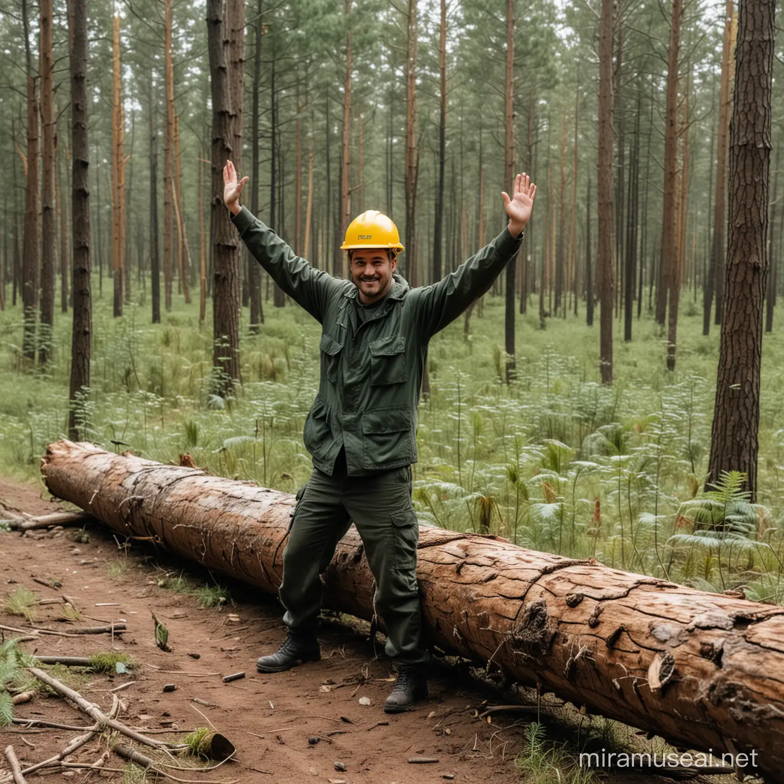 A forest worker in uniform bending with one hand up in the air and pushing a log with the other hand in a thick forest.