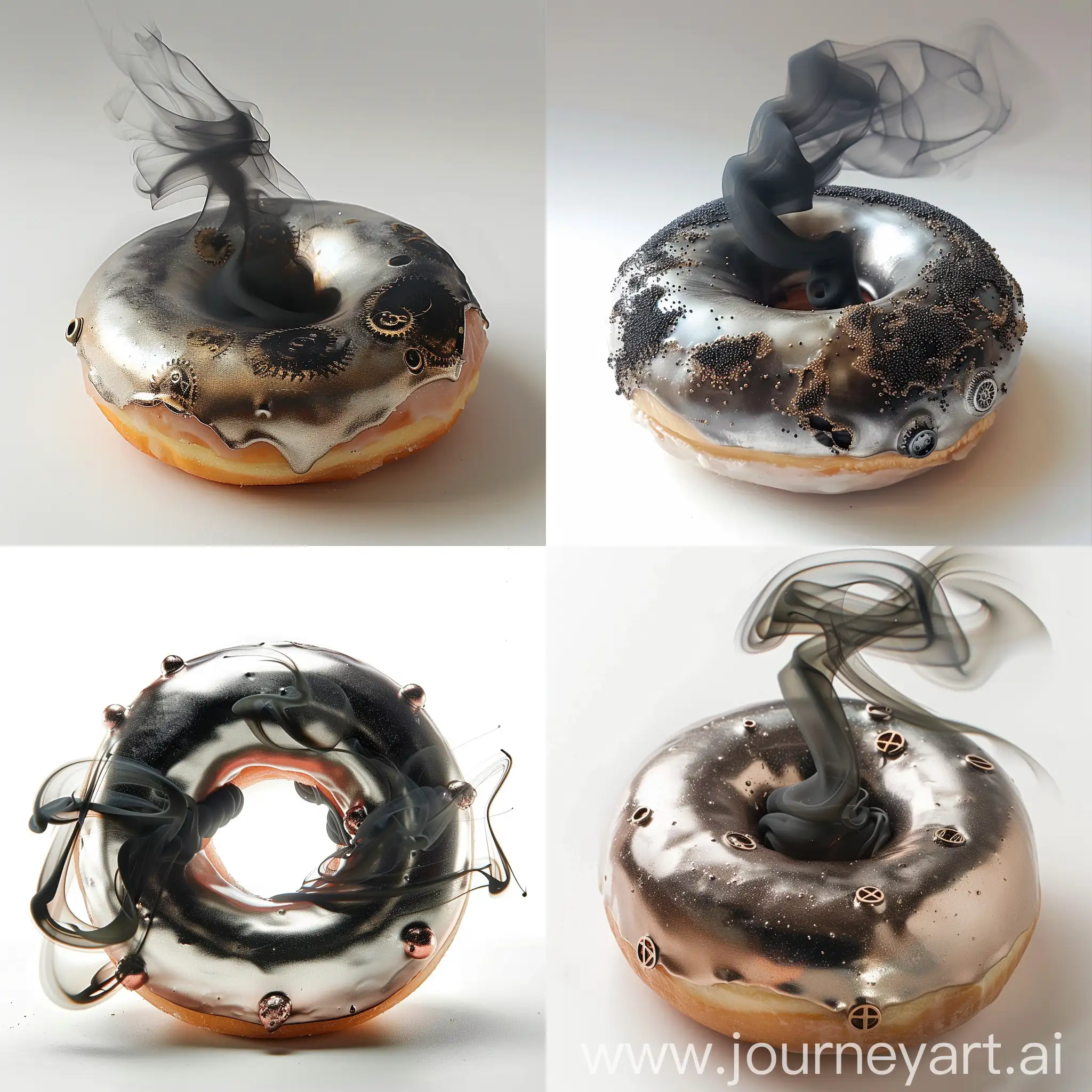 Металлический пончик с глазурью из гуталина в стиле стимпанк, из центра пончика идет черный дым, белый фон