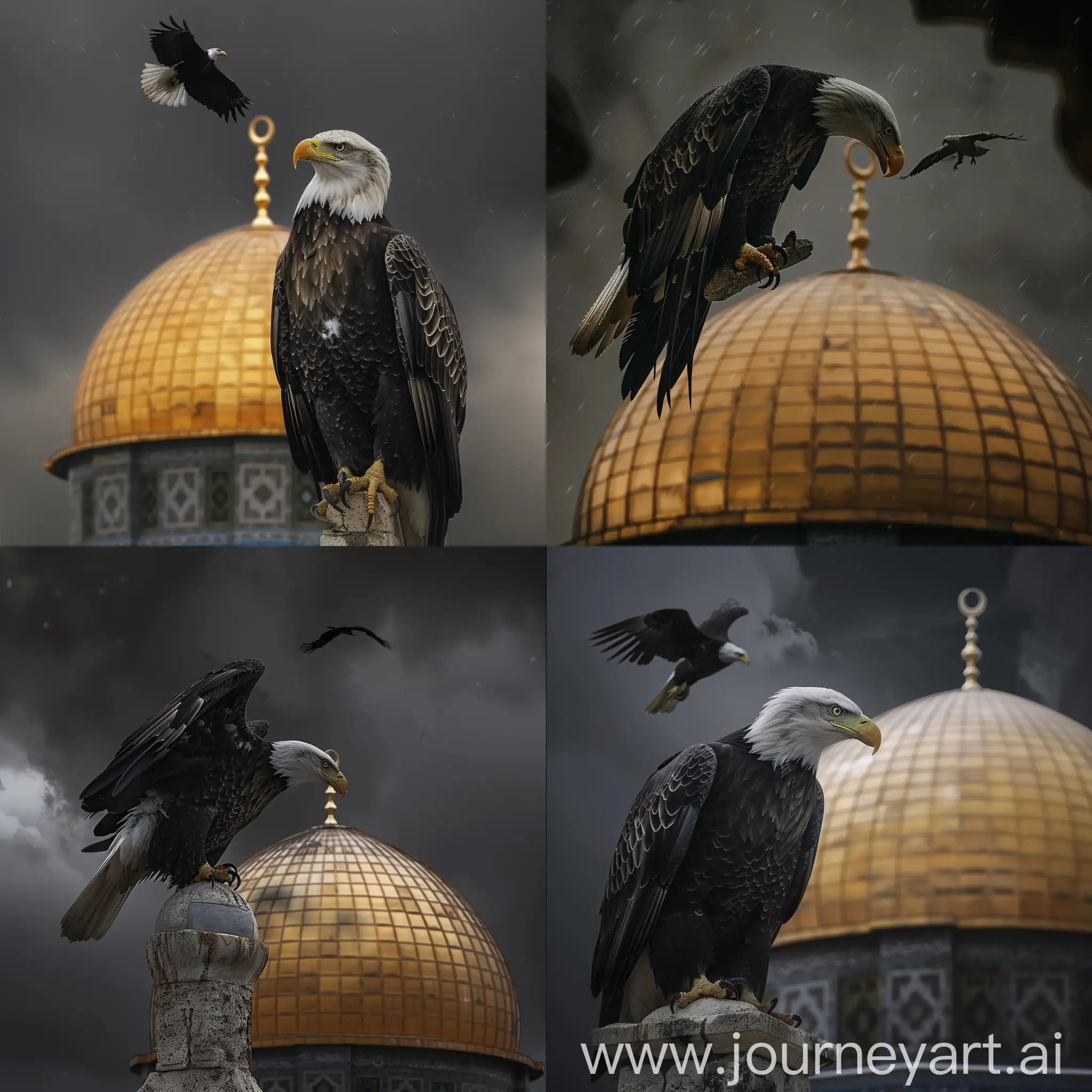 close view of a bald eagle perching and flying over 'al aqsa mosque' golden dome, Symbolic photo, dark weather, cinematic