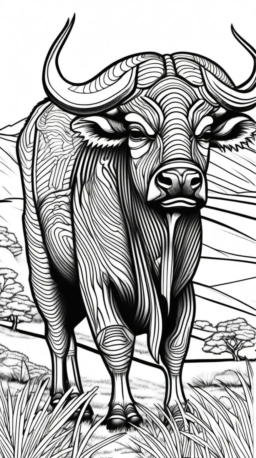 coloring page for adults, African Buffalo, in Africa, low detail,  thick lines, no shade