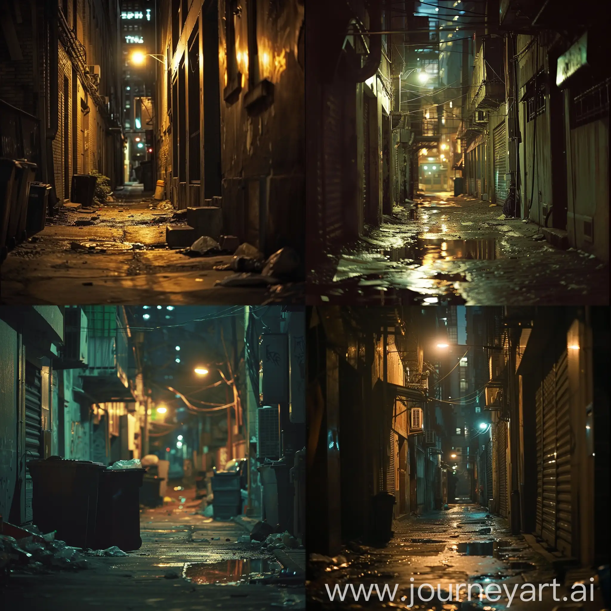 dirty alley illuminated by streetlights