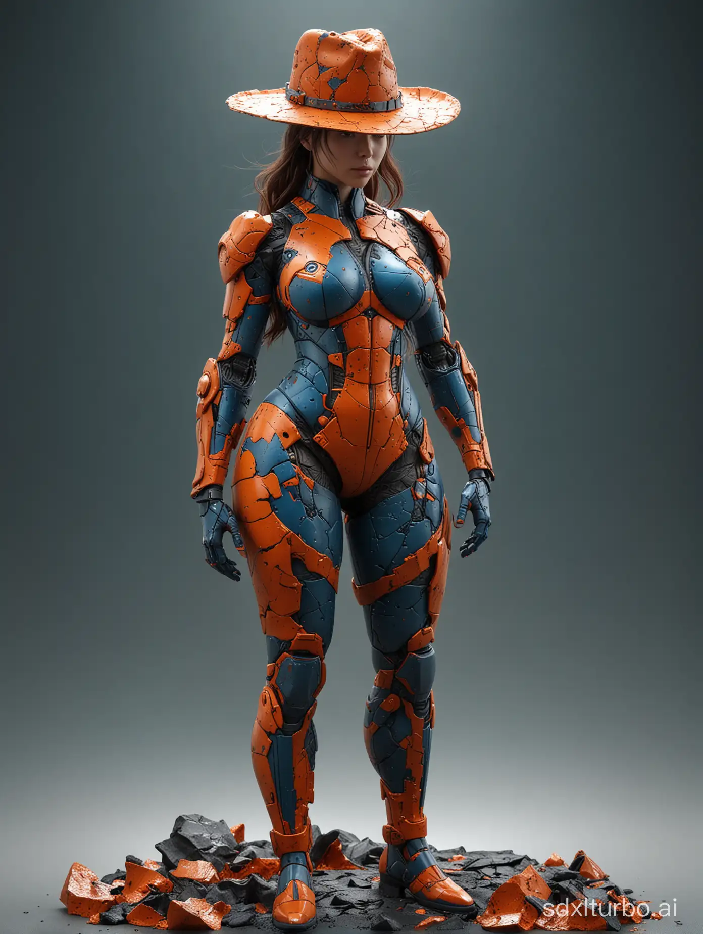 Aragaki Yui，with hat,((full body, huge round ass)),mech suit,huge breast, a photo of a woman on a cracked surface, inspired by Alberto Seveso, featured on zbrush central, orange fire/blue ice duality!, portrait of an android, fractal human silhouette, red realistic 3 d render, blue and orange, subject made of cracked clay, woman, made of lava