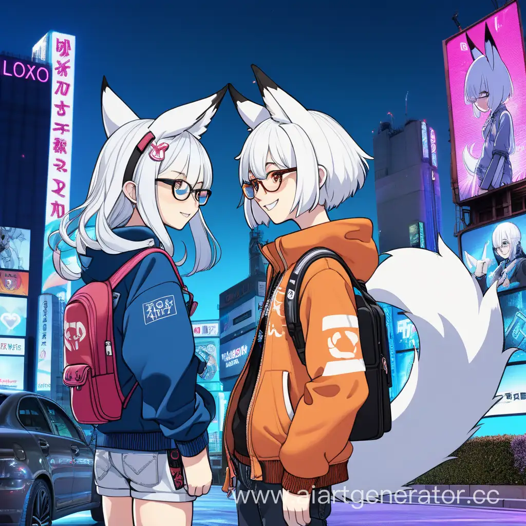 A girl with white hair and dark blue eyes, glasses, Cute,  Fox ears, kitsune, pretty, Anime, happy,  Stands with his back, cyberpunk city, neon, billboards, Billboard advertising. Standing nearby is her friend, who has black hair and a blue streak. Laughing 