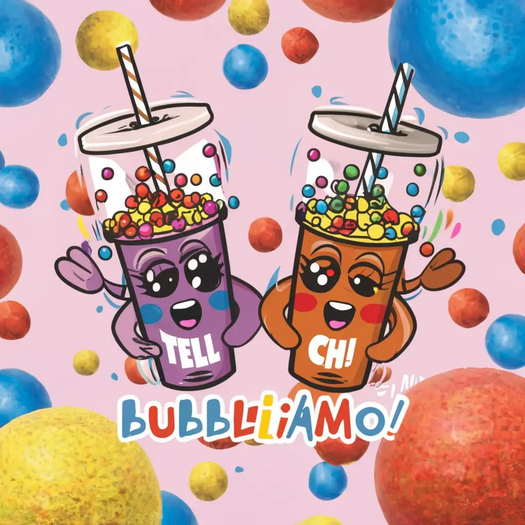 logo, cra logo for bubble tea with two plastic bubble tea cups tilted with straw filled with colorful liquid and colored balls with two balls inside with surprised face with background of multicolored light colored balls the text Tel Ch! on top and the text BubbliAMO at the bottom, with the text "Tell me!", typography, be used in bar
