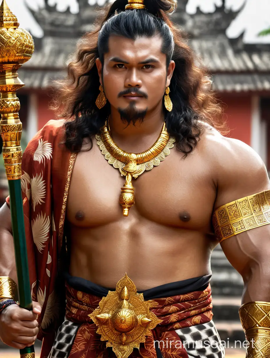 Majapahit Kingdom Hero Handsome Indonesian Man in Traditional Attire with Ornate Mace