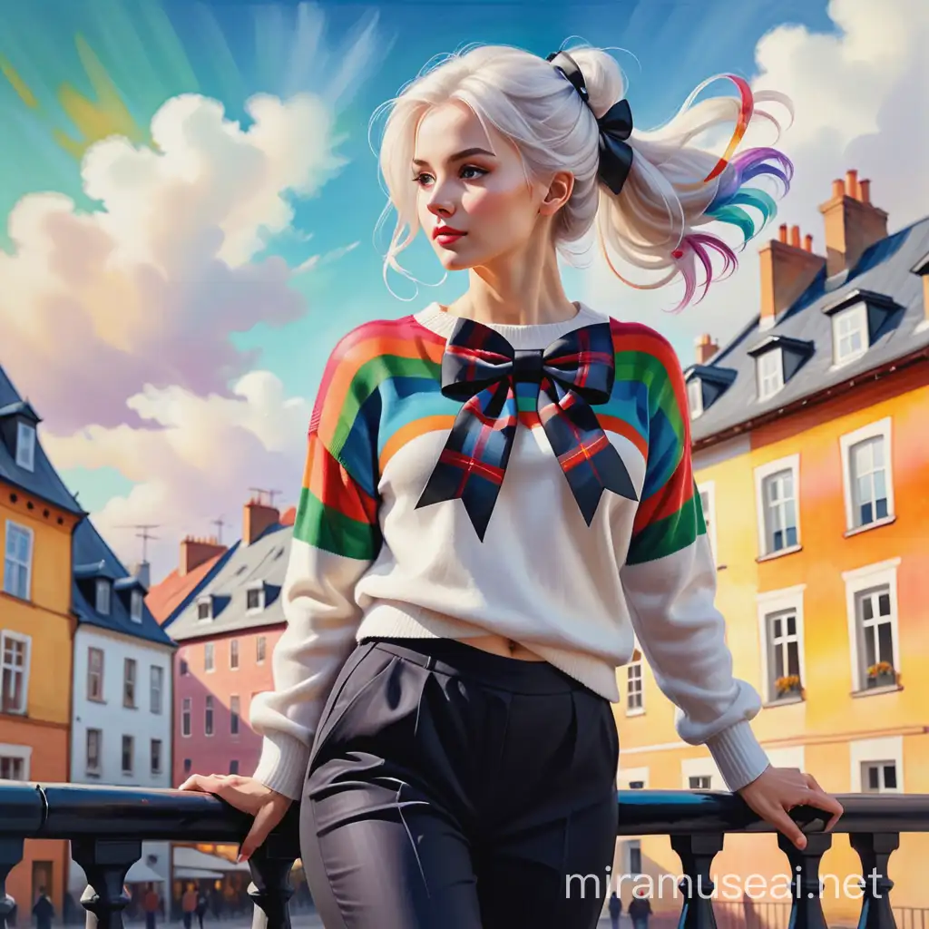 Vibrant Watercolor Noir Art Dynamic Pose of White Woman in Multicolored Bow and Sweater