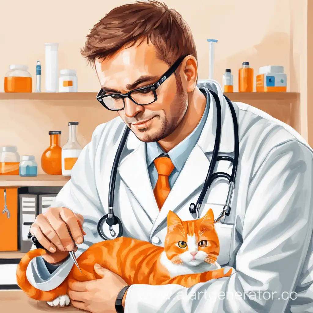 Veterinarian-Man-Examining-Orange-Cat