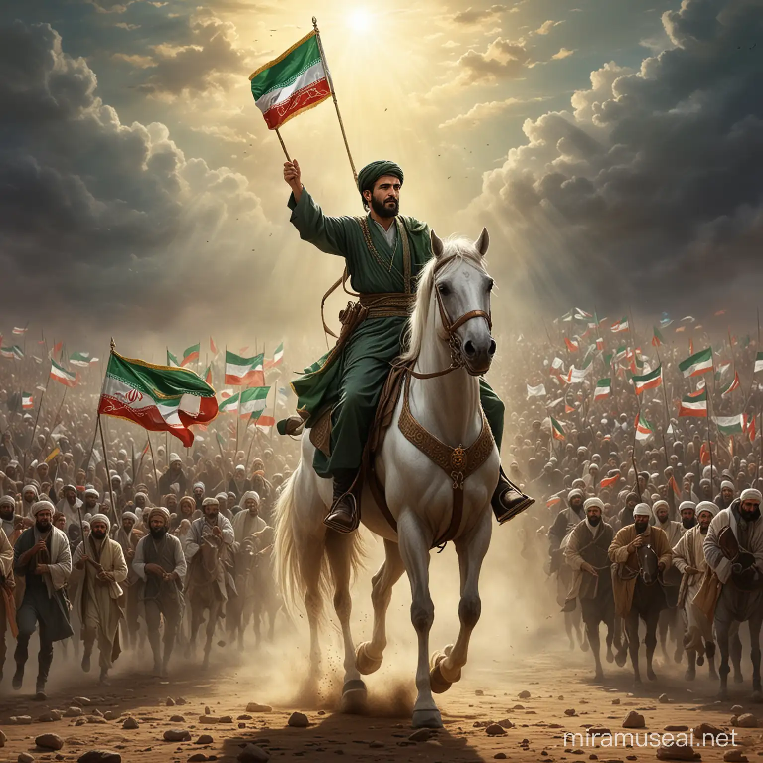  Based on the text you provided, which seems to be congratulating and celebrating a great victory for revolutionaries and fighters for freedom and justice, while also expressing hope for the reappearance of the Imam Mahdi, a fitting image suggestion would be:

An artistic rendition or symbolic representation of the Imam Mahdi (the guided one from the Prophet's lineage whose return Shia Muslims await). This could depict him radiating divine light, sitting on a horse, or portrayed in a way that conveys his awaited coming to establish justice on Earth.

The image could also incorporate elements symbolizing revolution, freedom, and justice, such as people raising flags, breaking chains, or marching together united.

Iranian or Islamic symbolic elements like the Iranian flag, crescents, domes of mosques etc. could be included to connect it to the Iranian Islamic context mentioned.

Overall, the image should be inspirational, conveying the themes of revolutionary struggle, hope for justice and freedom, and the reappearance of the awaited savior figure through powerful symbolism and artistic styling.