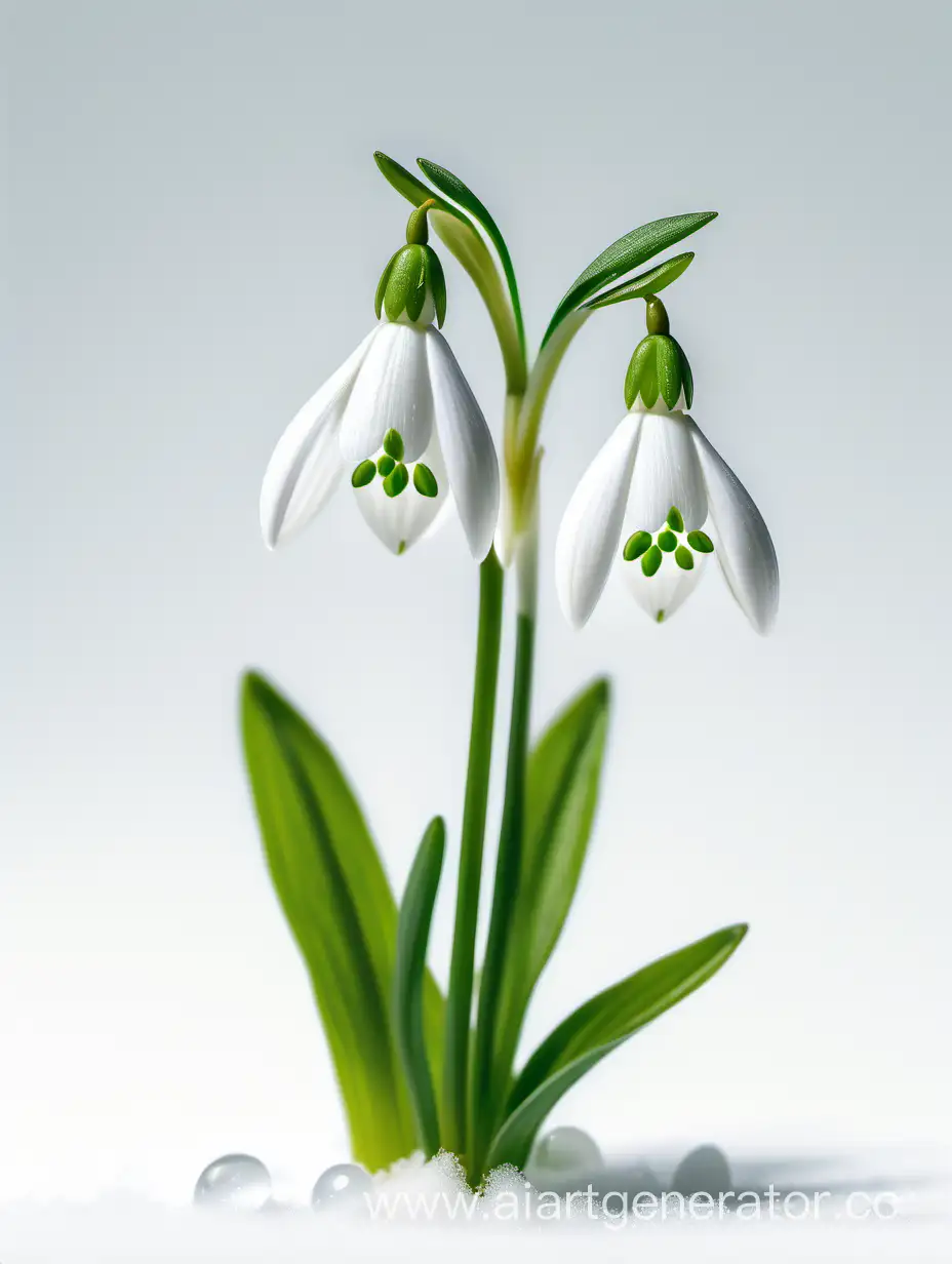 Snowdrop wild flower 8k ALL FOCUS with natural fresh green leaves on white background 