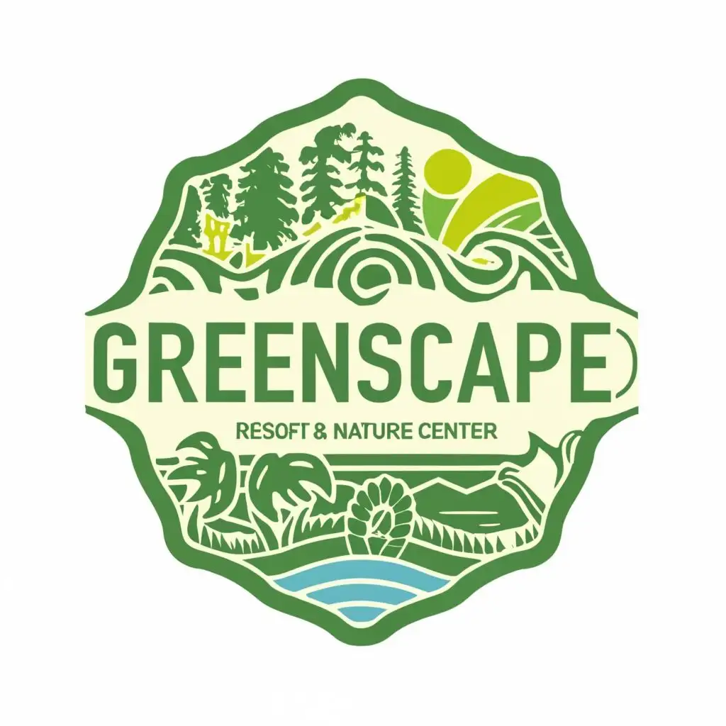 logo, nature , sea , river , agricole , with the text "GreenScape: Resort & Nature Center", typography