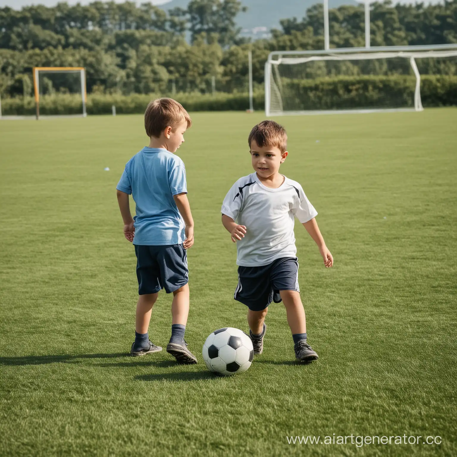 маленький мальчик на футбольном поле играет в футбол
