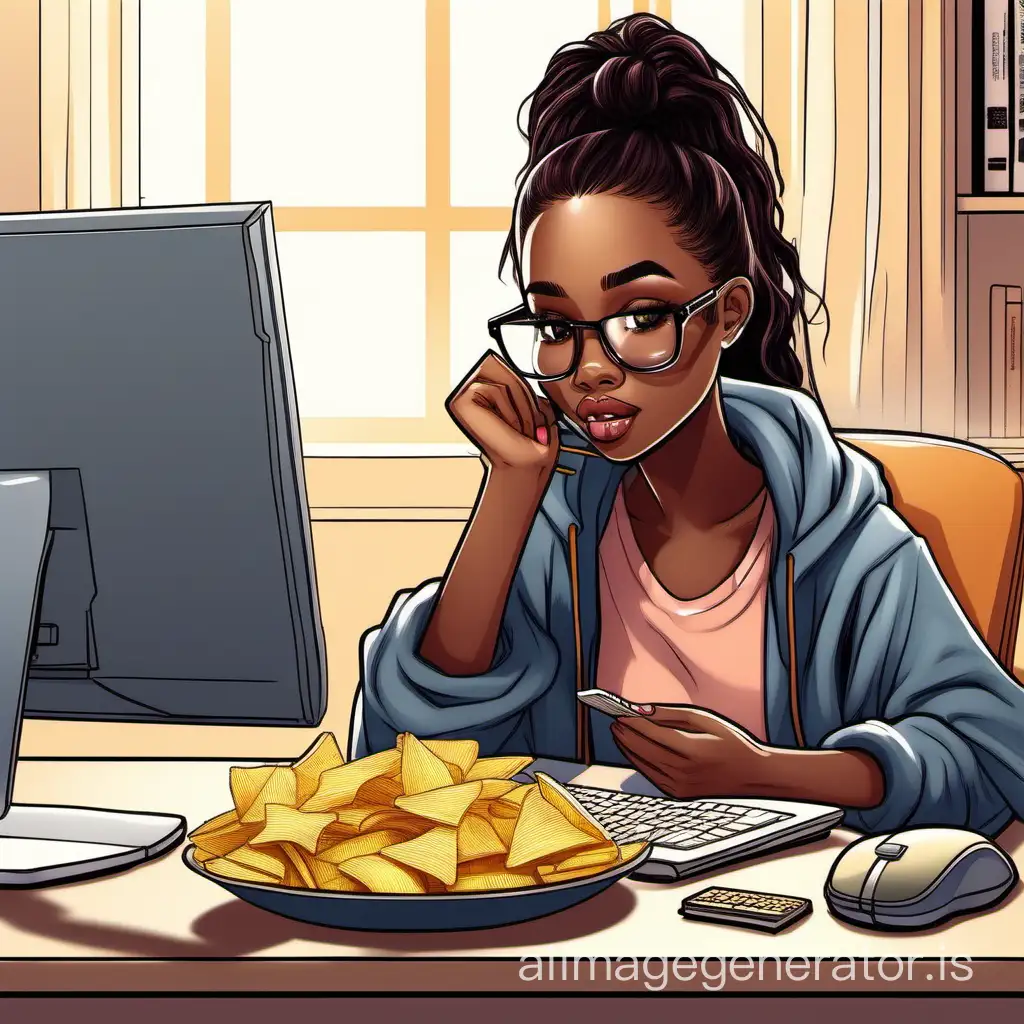 cute girl named Nyah studying hard, eating a bowl of chips next to the computer, all while living a luxurious life that everybody else wants but can't have