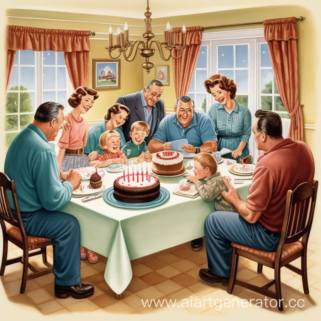 Открытка с днём рождения мужчине, накрыты стол с тортом в виде машинки, рядом сидят родственники, дети и жена