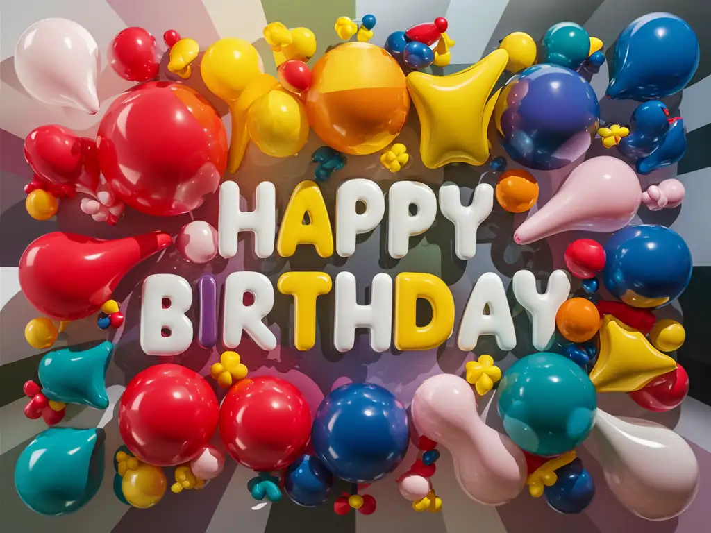 Super happy style balloons with different forms and colors. Write happy birthday in the middle of the photo. Background has a gradiant grey tone and the picture has a glossy effect. 