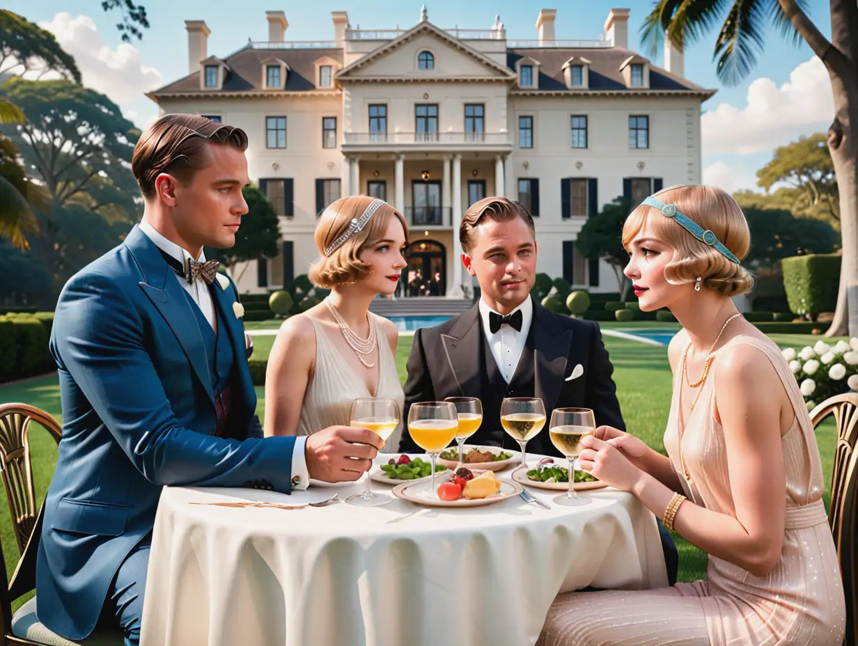 Elegant Outdoor Lunch at a Mansion with Two Men and Two Women