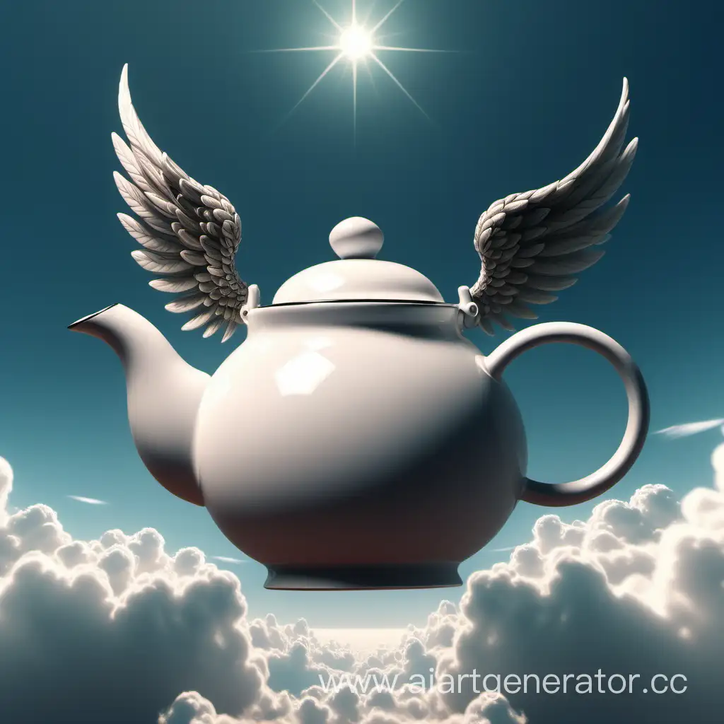 A teapot with wings flying in the sky