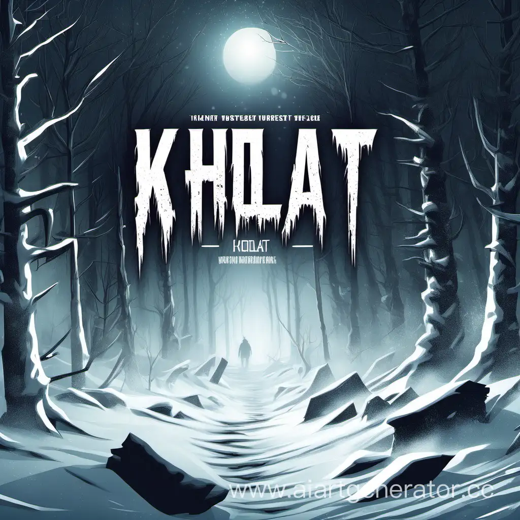 Постер для игры, жанр хоррор, надпись KHOLAT на постере. Хоррор, снег, зима, перевал дятлова, лес, атмосфера.