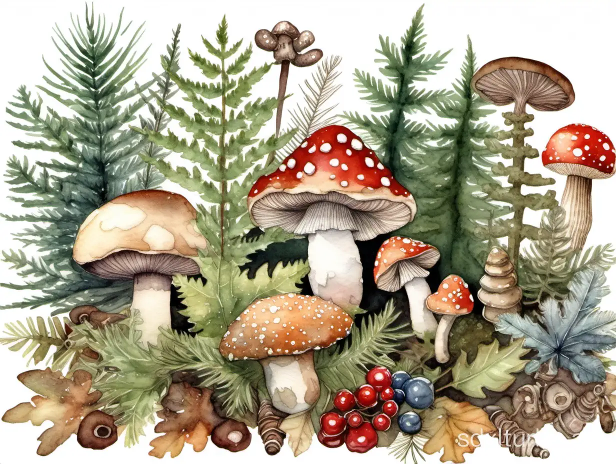 pine trees, mushrooms, fern, lichen, berries, vintage bugs, watercolor