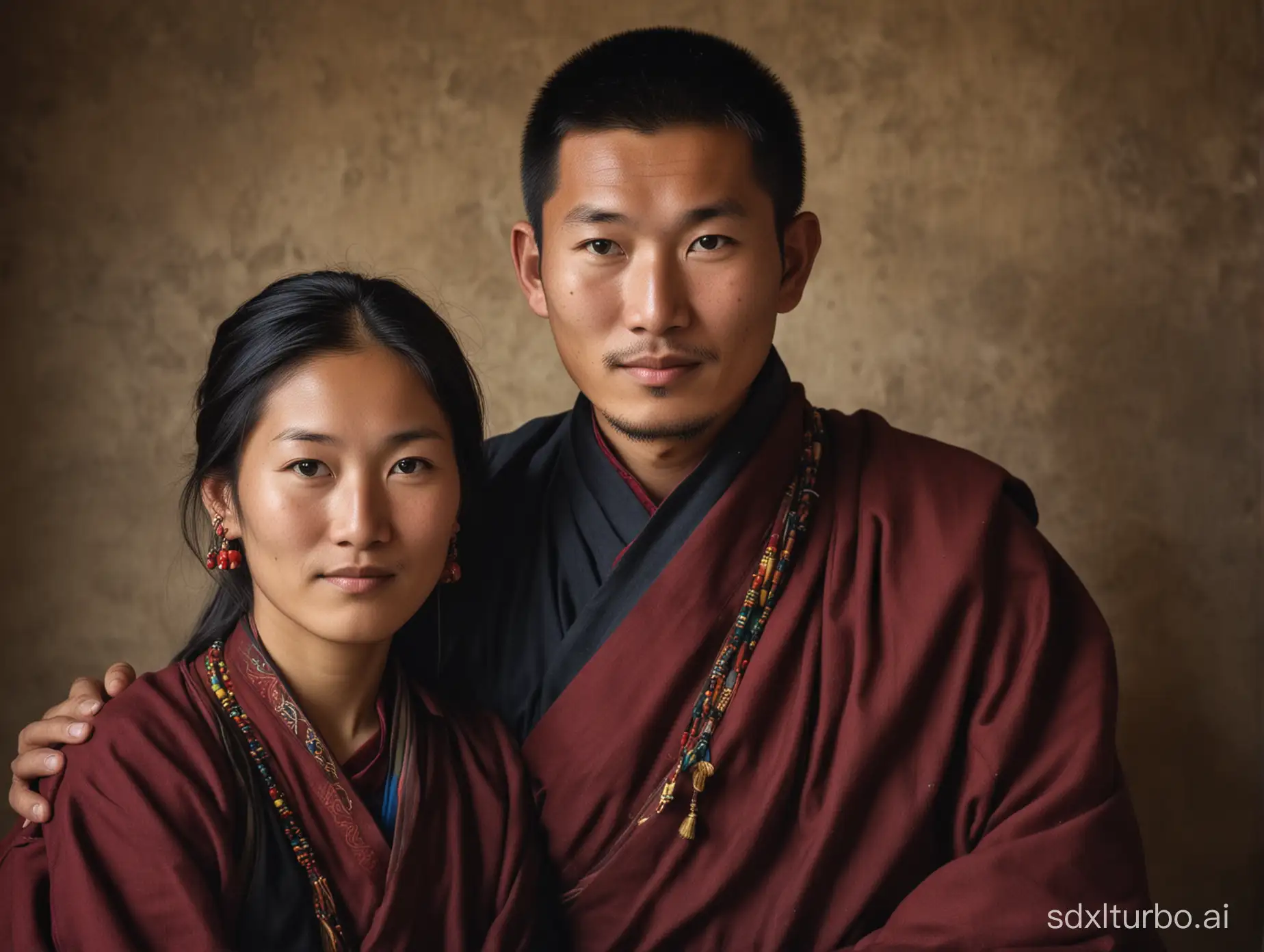 Traditional-Tibetan-Couple-Portrait-with-Colorful-Clothing-and-Himalayan-Background