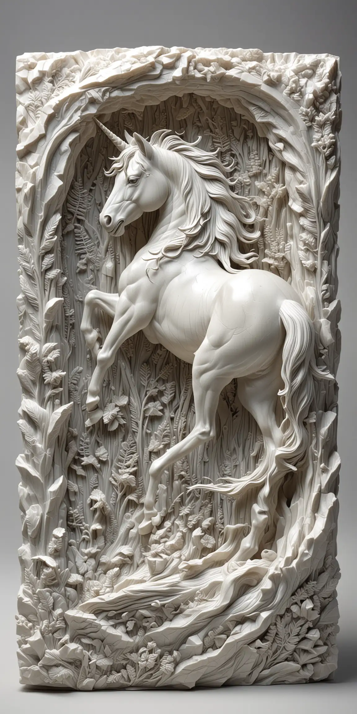 unicorn, carved in translucent alabaster, 3d relief, topographical gray scale