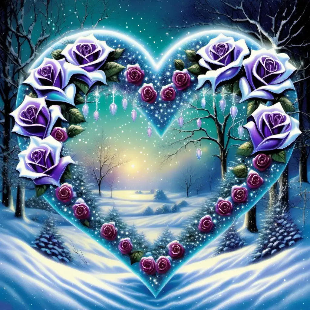 Five Beautiful country style opalescent Hearts, Beautiful Bi-colored roses, wintery background, filigree, sparkle, glistening, glowing, glittery, Deep Dark Purple, White, Black, Teal, Thomas Kinkade